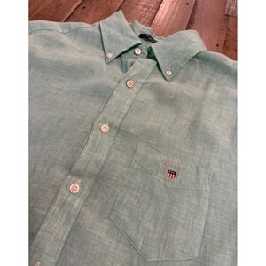 Gant Mens Regular Fit Linen Short Sleeve Button Down Shirt Green Large 3040621